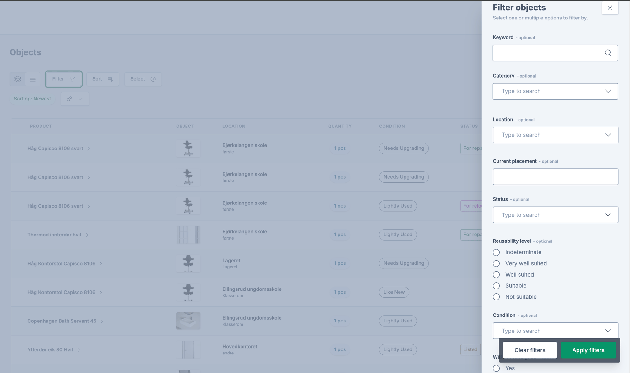 Filter and sorting the inventory in products view or objects list view